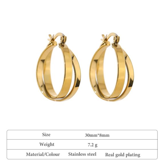 NEW 18K Gold Plated Double Cross Interlocking Round Hoop Earrings - Picture 5 of 5